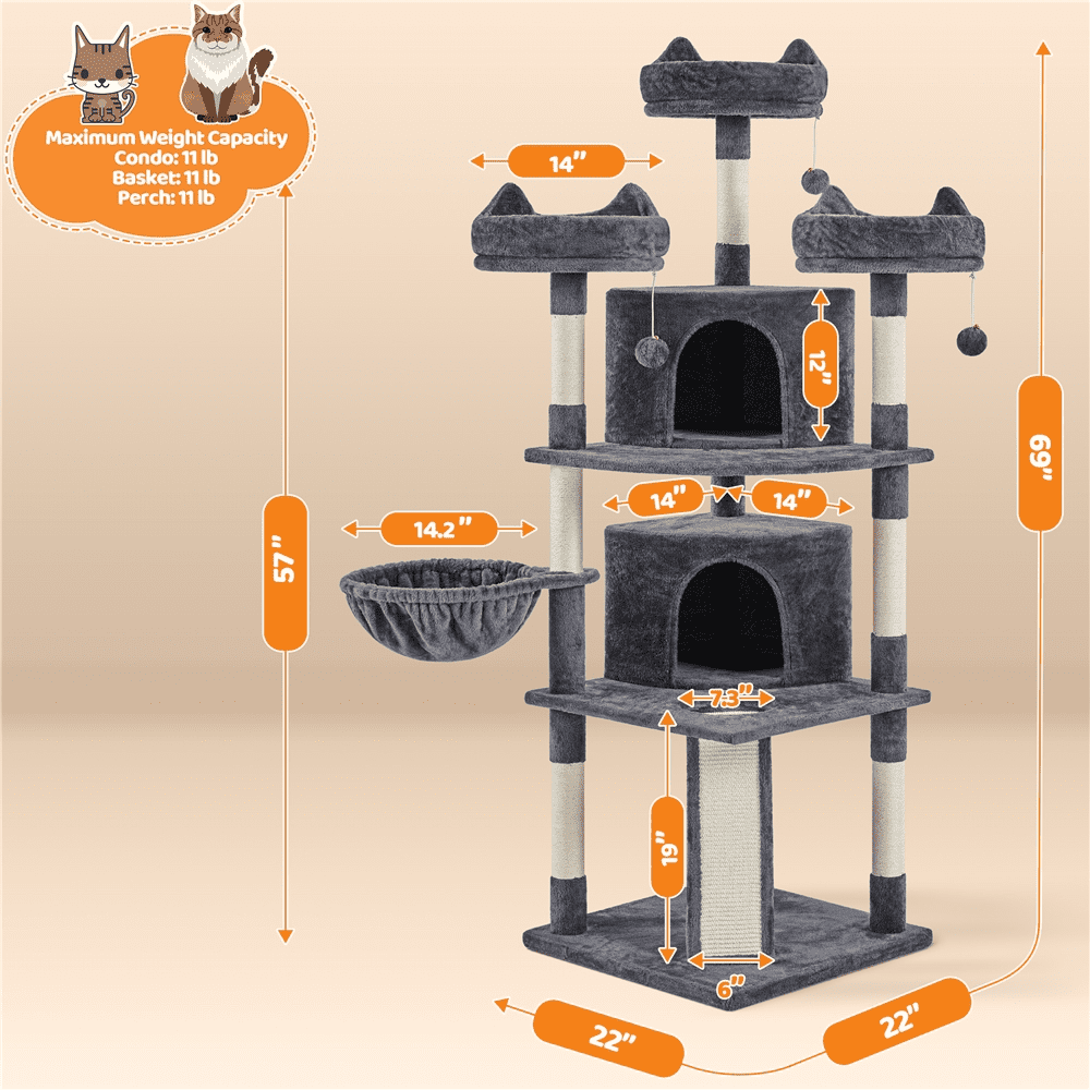 69In Cat Tree Tower with Condos & Scratching Board, Dark Gray