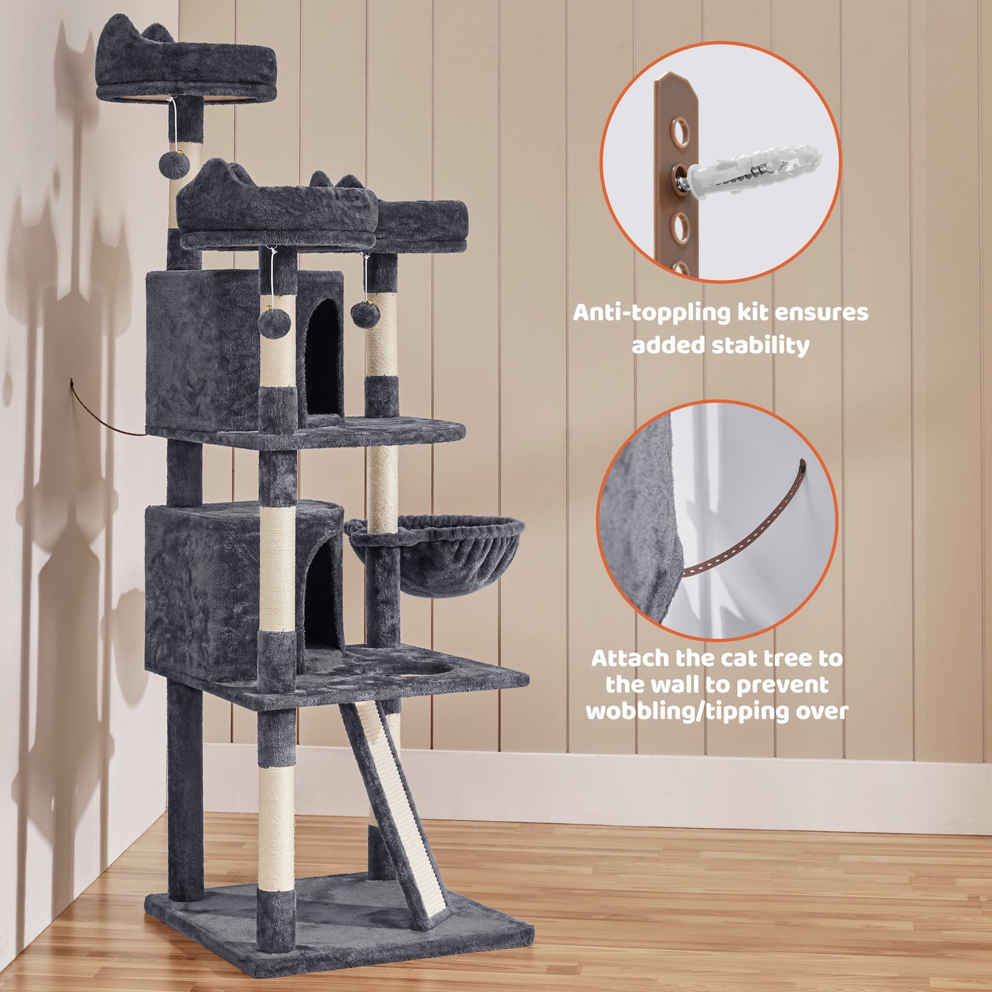 69In Cat Tree Tower with Condos & Scratching Board, Dark Gray