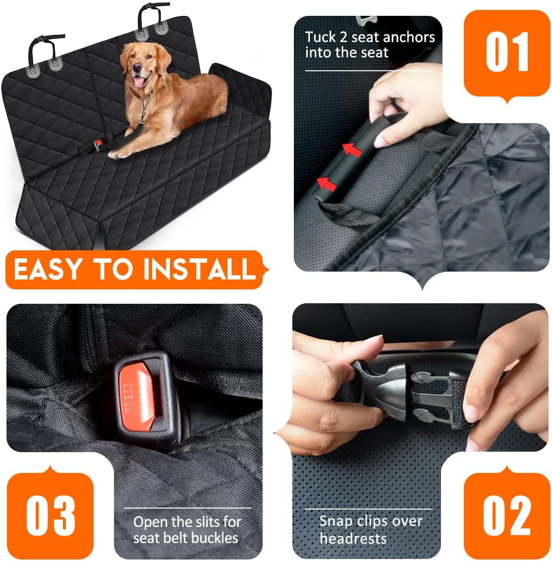 Dog Car Seat Cover - Waterproof Back Seat Protector for Pets, Non-Slip Design Compatible with Most Cars, Trucks, and SUVs - Black