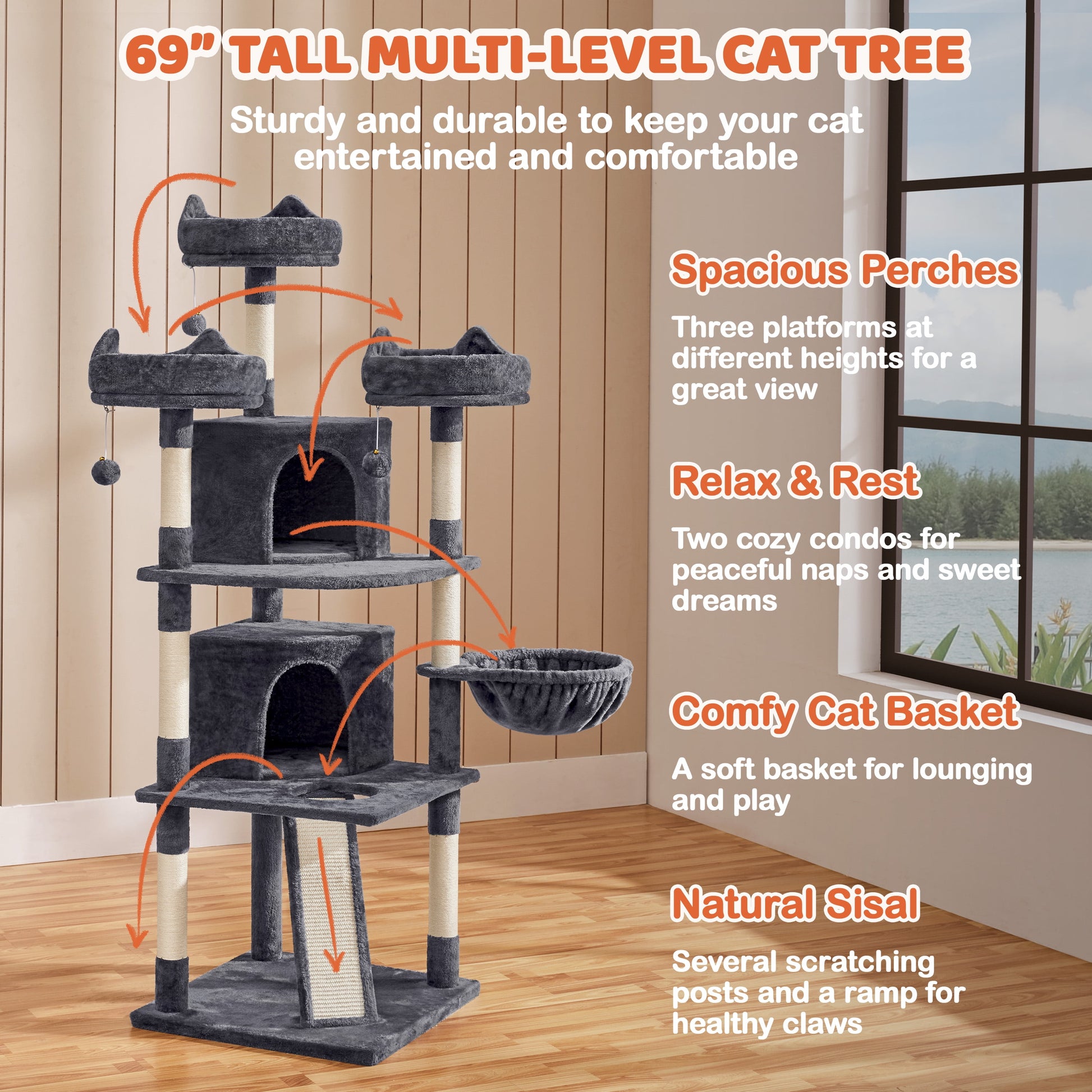 69In Cat Tree Tower with Condos & Scratching Board, Dark Gray